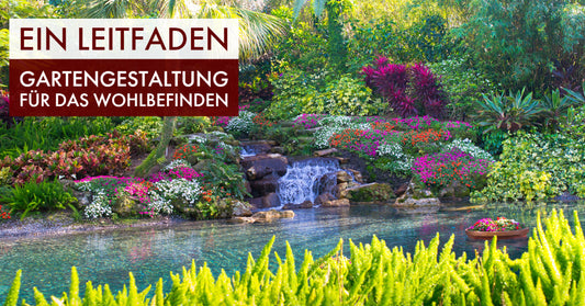 Das Bild zeigt einen ruhigen Garten mit einem Wasserfall oder einem Teich als Mittelpunkt. Das Wasser ist klar und glänzend, und die umgebenden Pflanzen und Steine tragen zu einem Gefühl von Frieden und Harmonie bei