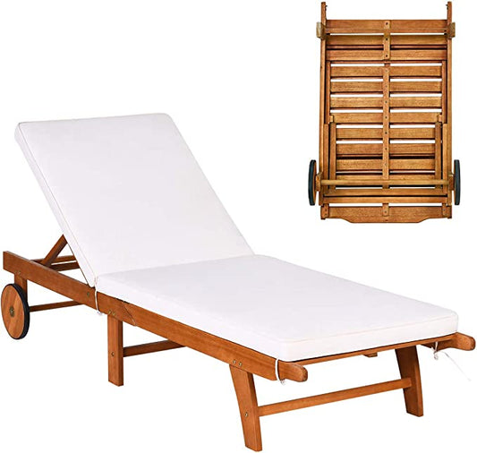 COSTWAY Sonnenliege Holz, Gartenliege verstellbare Rückenlehne mit Rollen und Kissen, Strandliege für Garten, Rasen und Terrasse
