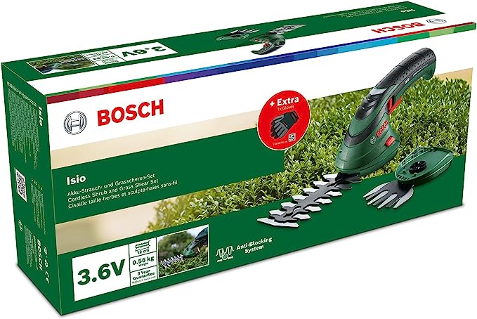 Bosch Home and Garden 060083310C Bosch Akku Grasscheren Set Isio (3,6 Volt, Messerlänge 12 cm, Messerabstand 8 mm, mit XL-Gartenhandschuhen inklusive) – Amazon Edition